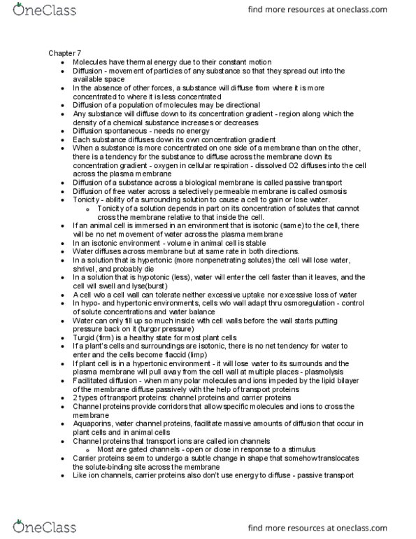 BIO SCI 93 Chapter Notes - Chapter Chapter 7: Facilitated Diffusion, Cell Membrane, Passive Transport thumbnail