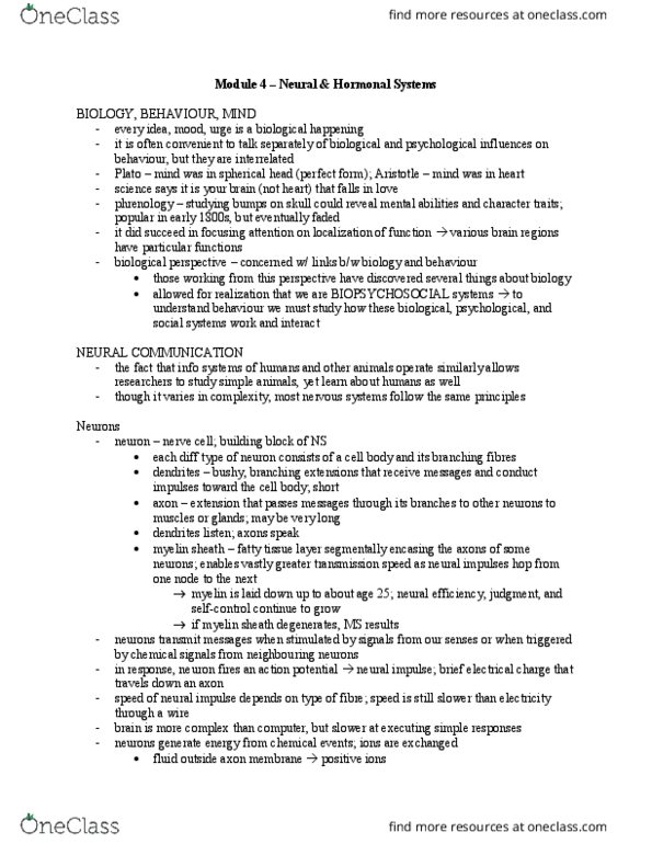 PSYCH101 Chapter Notes - Chapter 4: Myelin, Neuron, Pituitary Gland thumbnail