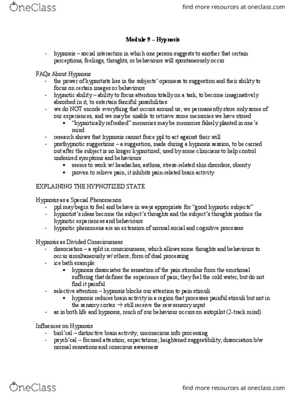 PSYCH101 Chapter Notes - Chapter 9: Asthma, Suggestibility, Sensory Cortex thumbnail