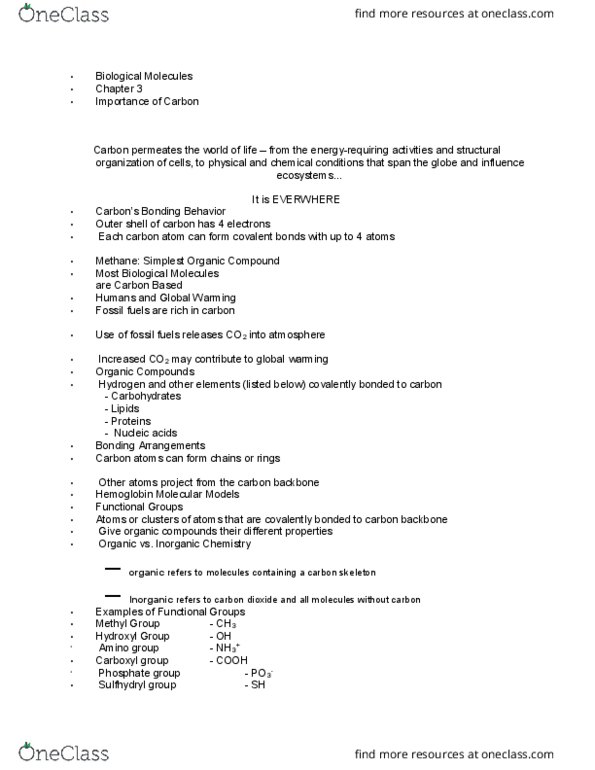 BIOL 1001 Lecture Notes - Lecture 3: Hydrogen Bond, Functional Group, Covalent Bond thumbnail