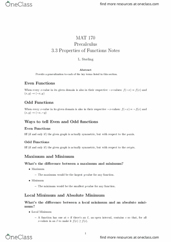 MAT-170 Lecture Notes - Lecture 3: Maxima And Minima, Precalculus, Trigonometric Functions thumbnail