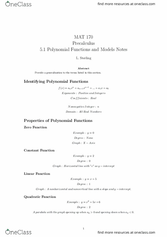 MAT-170 Lecture Notes - Lecture 11: Precalculus, Sign (Mathematics), Real Number thumbnail