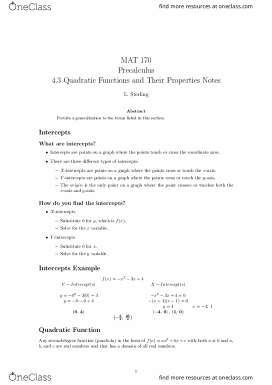 MAT-170 Lecture Notes - Lecture 9: Precalculus, Quadratic Equation thumbnail