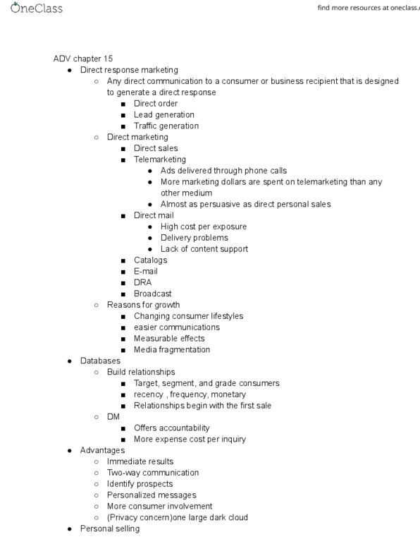 ADV 205 Lecture Notes - Lecture 15: Lead Generation, Telemarketing, Advertising Mail thumbnail