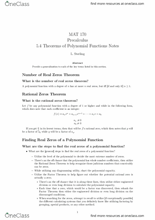 MAT-170 Lecture Notes - Lecture 14: Precalculus, Intermediate Value Theorem thumbnail