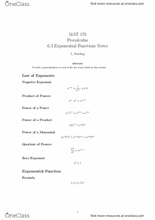 MAT-170 Lecture Notes - Lecture 17: Exponentiation, Monomial, Precalculus thumbnail