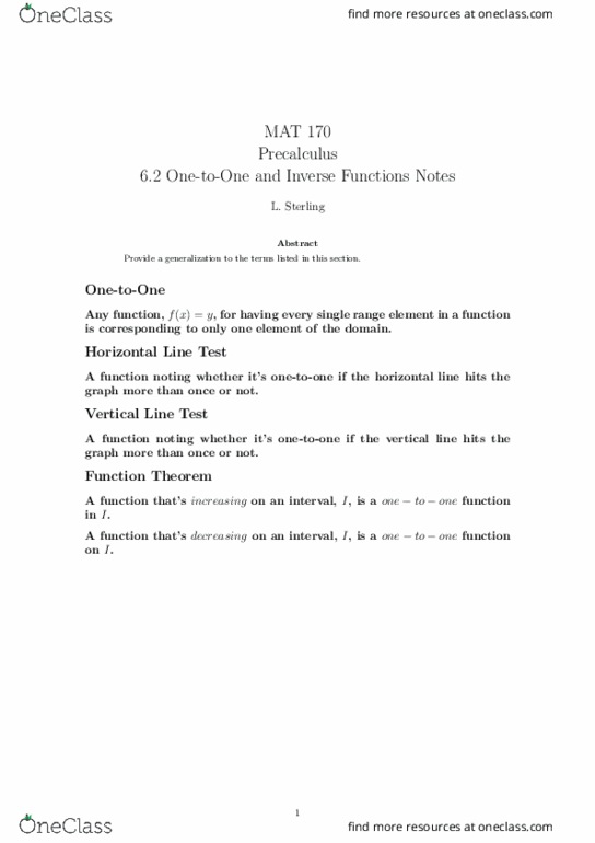 MAT-170 Lecture Notes - Lecture 16: Inverse Function, Precalculus thumbnail