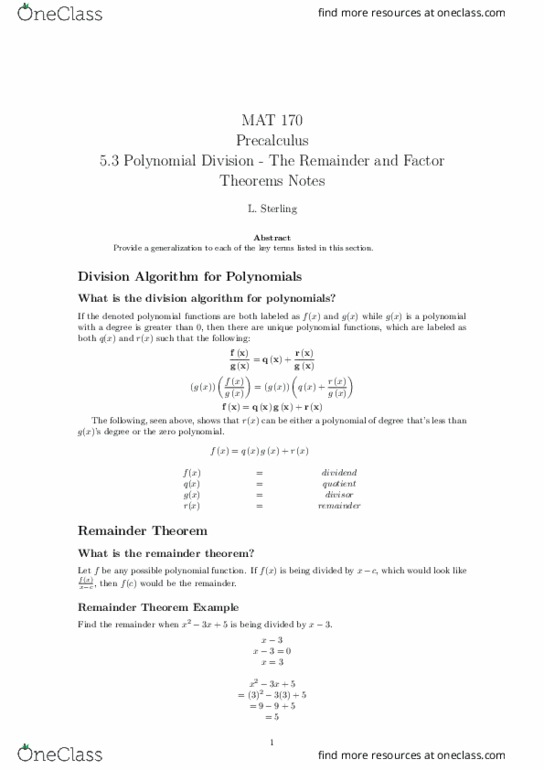 MAT-170 Lecture Notes - Lecture 13: Division Algorithm, Precalculus thumbnail