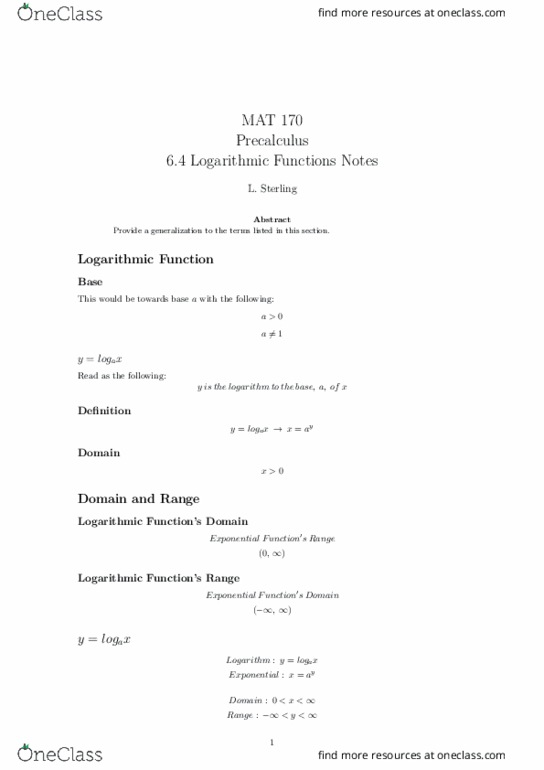 MAT-170 Lecture Notes - Lecture 18: Logarithm, Precalculus, Real Number thumbnail