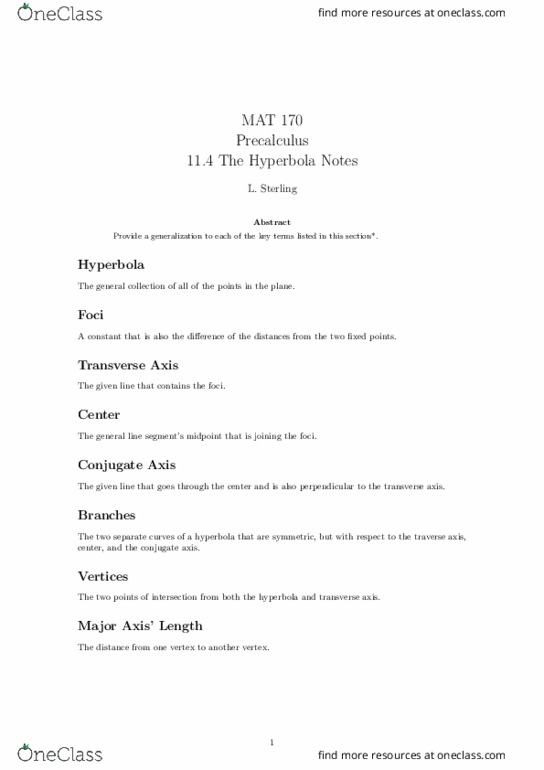 MAT-170 Lecture Notes - Lecture 26: Hyperbola, Precalculus thumbnail