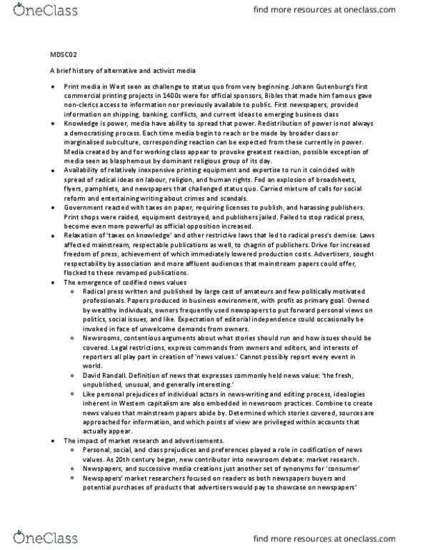 MDSC02H3 Chapter Notes - Chapter  A brief history of alternative and activist media: Alternative Media, News Values, Antonio Gramsci thumbnail