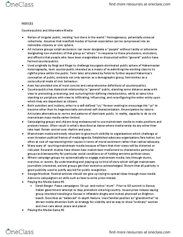 MDSC02H3 Chapter Notes - Chapter Counterpublics and Alternative Media: Alternative Media, Street News, George Monbiot thumbnail