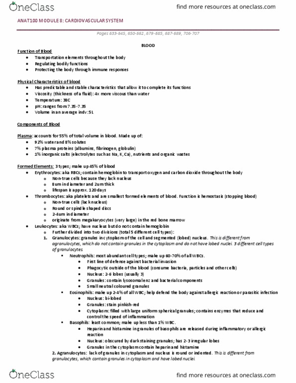 ANAT 100 Lecture Notes - Lecture 8: Bone Marrow, Granulocyte, Heparin thumbnail