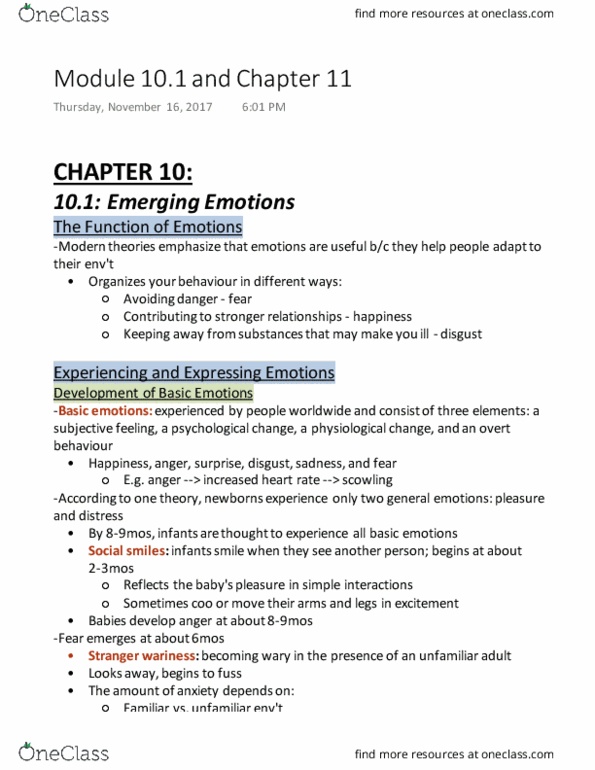 PSYCH 2AA3 Chapter Notes - Chapter 10.1 and 11: Cotton Swab, American Kids, Emotion Classification thumbnail