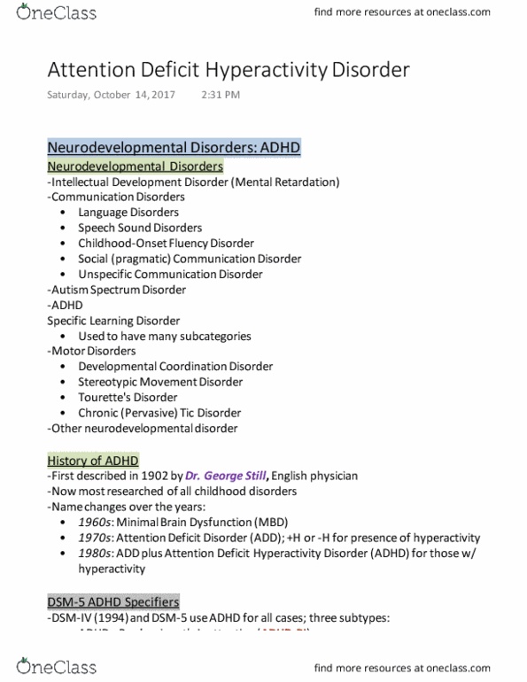 PSYCH 2AP3 Lecture Notes - Lecture 5: Attention Deficit Hyperactivity Disorder Predominantly Inattentive, Developmental Coordination Disorder, Autism Spectrum thumbnail