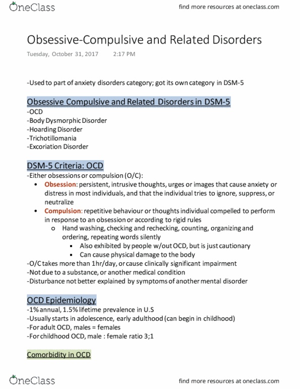 PSYCH 2AP3 Lecture Notes - Lecture 8: Body Dysmorphic Disorder, Trichotillomania, Hand Washing thumbnail