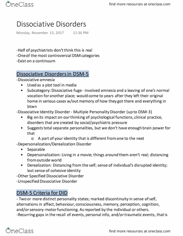 PSYCH 2AP3 Lecture Notes - Lecture 10: Dissociative Identity Disorder, Psychogenic Amnesia, Dissociative Disorder thumbnail