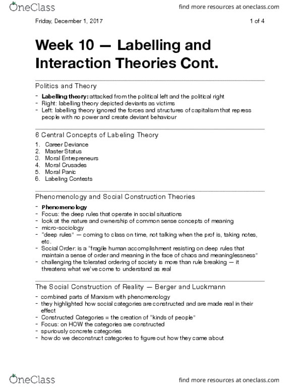 Sociology 2259 Lecture Notes - Lecture 10: Concrete Category, Labeling Theory, Microsociology thumbnail