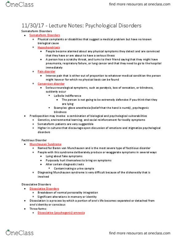 PSYCH 101 Lecture Notes - Lecture 41: Factitious Disorder Imposed On Self, Dissociative Identity Disorder, Factitious Disorder thumbnail