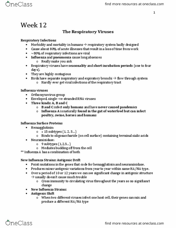 Microbiology and Immunology 3820A Lecture Notes - Lecture 12: 1918 Flu Pandemic, Human Parainfluenza Viruses, Encephalitis Lethargica thumbnail