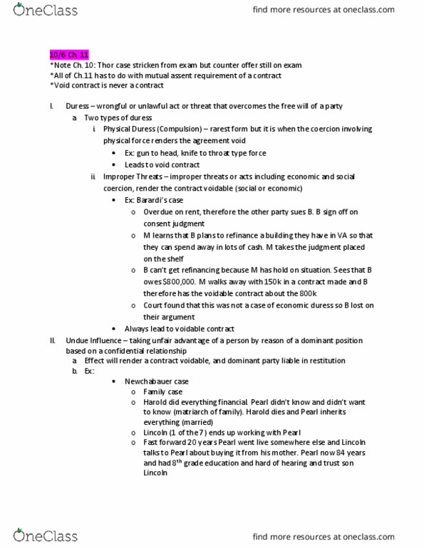 BLAW 3201 Lecture Notes - Lecture 10: Meeting Of The Minds, Undue Influence, Summary Judgment thumbnail