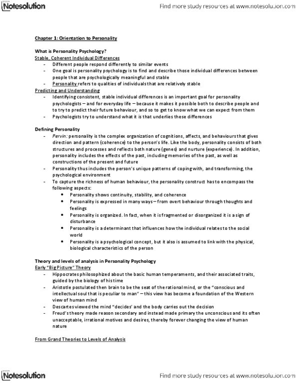 PSYCH356 Chapter Notes - Chapter 1: Personality Psychology, Behavioural Genetics thumbnail