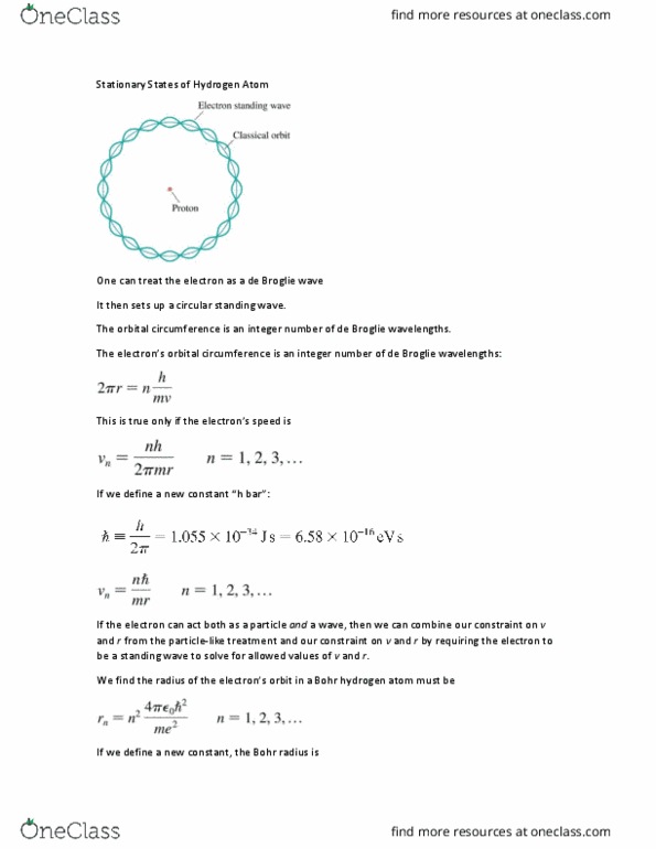 PHYS 2004 Lecture Notes - Lecture 30: Matter Wave, Standing Wave, Bohr Radius thumbnail