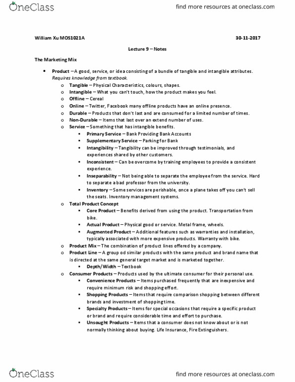 Management and Organizational Studies 1021A/B Lecture Notes - Lecture 9: Marketing Mix, Intangibility, Management System thumbnail