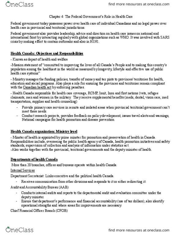 HLTH245 Chapter Notes - Chapter 4: Overseas Department, Health Canada, Occupational Safety And Health thumbnail