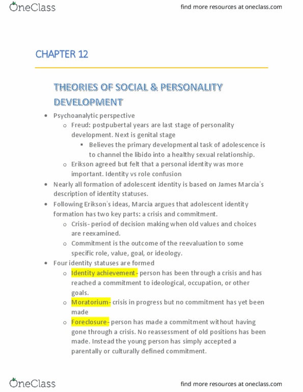 PSY 2301 Chapter Notes - Chapter 12: Identity Formation, Genital Stage, Peer Pressure thumbnail