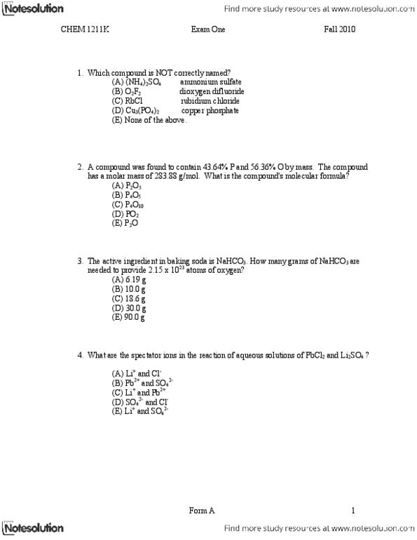 Chem 1211k Study Guide Fall 11 Midterm Rubidium Chloride Ammonium Sulfate Sodium Bicarbonate