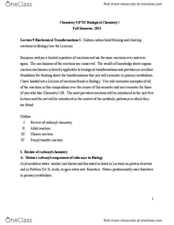 CAS CH 203 Lecture Notes - Lecture 9: Claisen Condensation, Enol, Thioester thumbnail