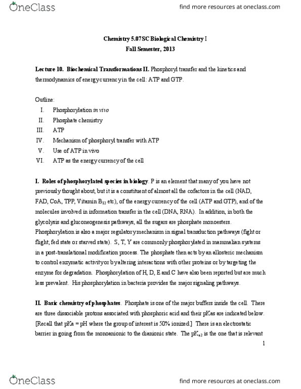CAS CH 203 Lecture Notes - Lecture 10: Ester, Post-Translational Modification, Signal Transduction thumbnail