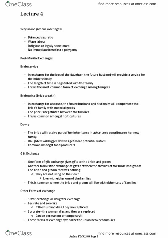 CLASS102 Lecture Notes - Lecture 4: Bride Price, Dowry, Wage Labour thumbnail