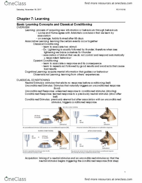 PSY 1101 Chapter Notes - Chapter 7: Classical Conditioning, Observational Learning, Operant Conditioning thumbnail