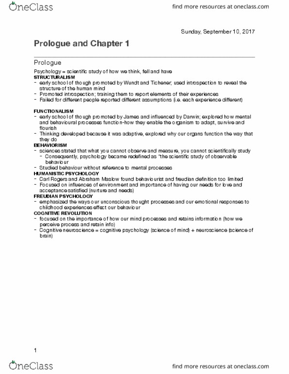 PSY 1101 Chapter Notes - Chapter 1: Abraham Maslow, Cognitive Neuroscience, Cognitive Psychology thumbnail