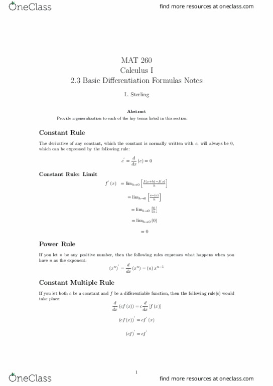 MAT-260 Lecture Notes - Lecture 10: Power Rule, Trigonometric Functions, Quotient Rule thumbnail