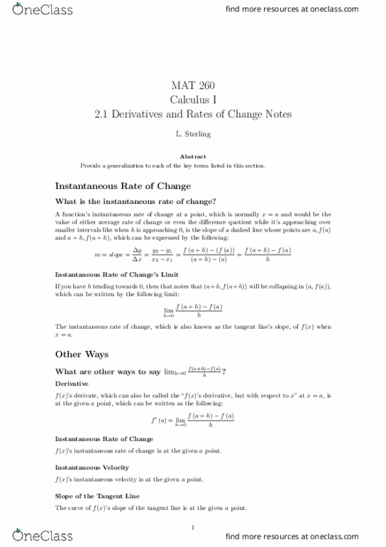MAT-260 Lecture 8: 2.1 Derivatives and Rates of Change Notes thumbnail