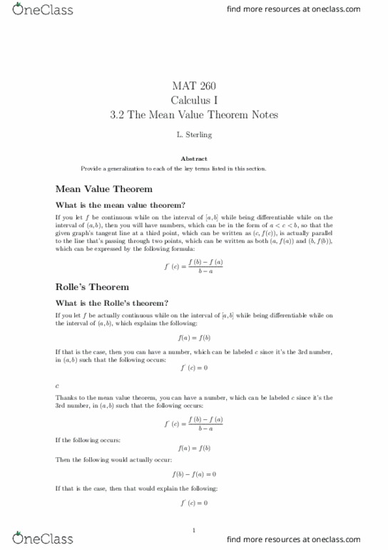 MAT-260 Lecture Notes - Lecture 17: Mean Value Theorem thumbnail