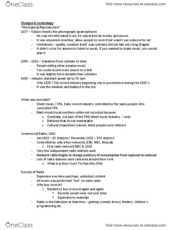 MUSIC140 Lecture Notes - Lecture 3: Uncle Dave Macon, Mamie Smith, Music Industry thumbnail