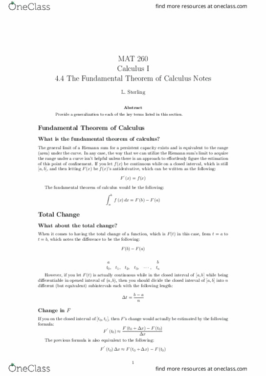 MAT-260 Lecture Notes - Lecture 26: Riemann Sum, Antiderivative, Equipartition Theorem thumbnail