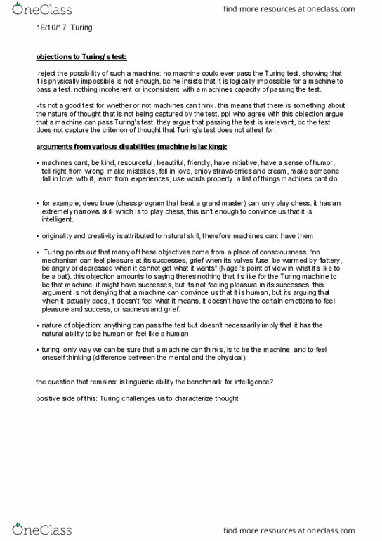 PHIL 200 Lecture Notes - Lecture 2: Turing Machine, Turing Test thumbnail