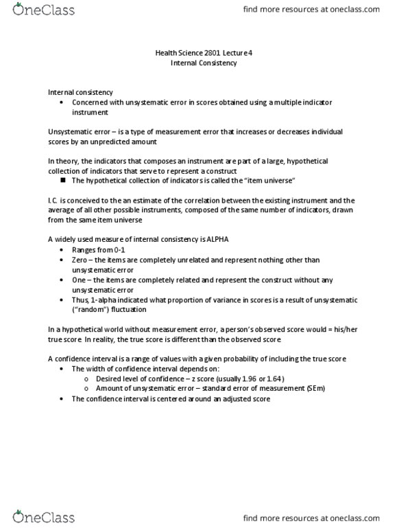 Health Sciences 2801A/B Lecture Notes - Lecture 4: Confidence Interval, Internal Consistency thumbnail