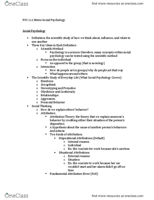 PSY 111 Lecture Notes - Lecture 14: Cognitive Dissonance, Fundamental Attribution Error, Attitude Change thumbnail