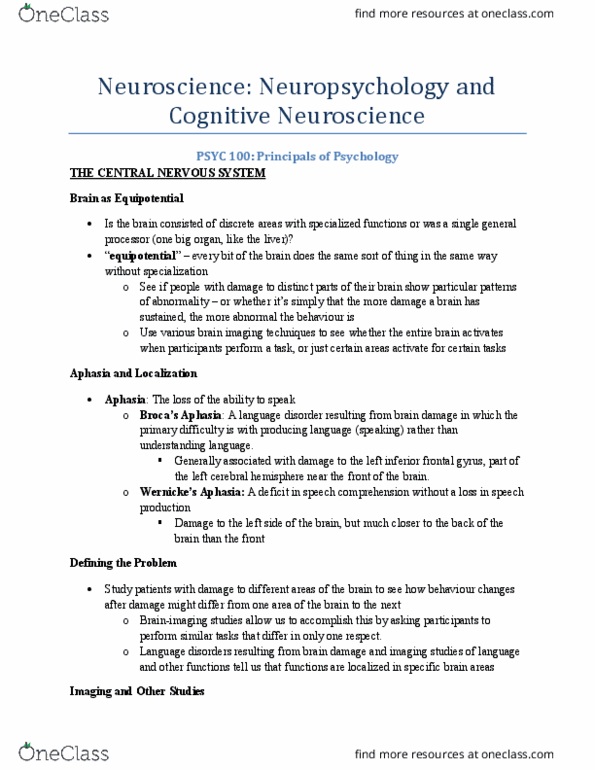 PSYC 100 Chapter Notes - Chapter Week 6: Inferior Frontal Gyrus, Equipotential, Language Disorder thumbnail