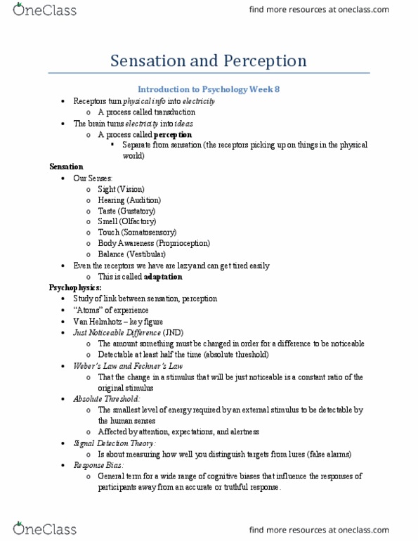 PSYC 100 Lecture Notes - Lecture 8: Detection Theory, Absolute Threshold, Proprioception thumbnail