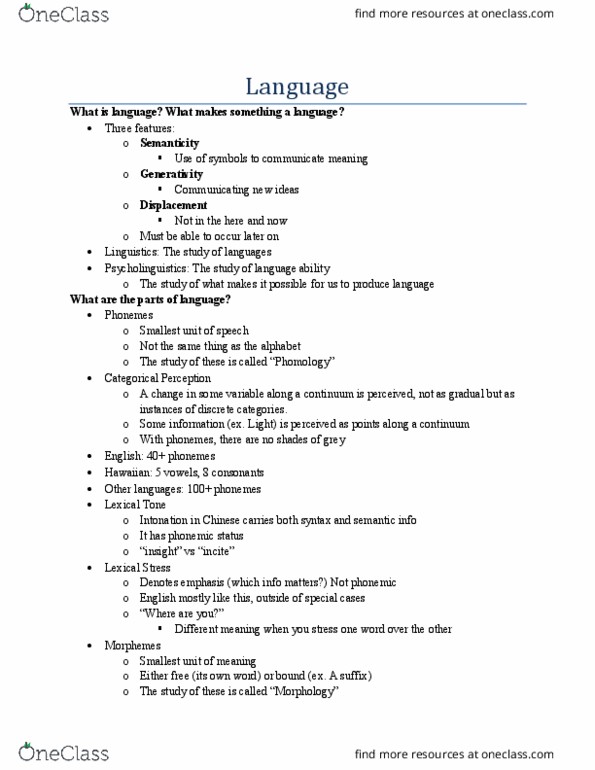 PSYC 100 Lecture Notes - Lecture 12: Psycholinguistics, Pragmatics thumbnail