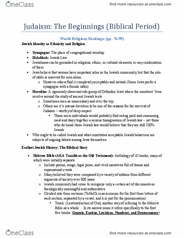 RELS 131 Lecture 1: Judaism - The Beginnings (Readings pp. 76-99) thumbnail