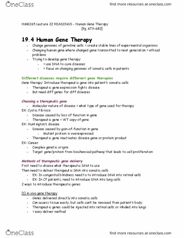 HMB265H1 Chapter Notes - Chapter 22: Gene Therapy, Cystic Fibrosis, Retrovirus thumbnail
