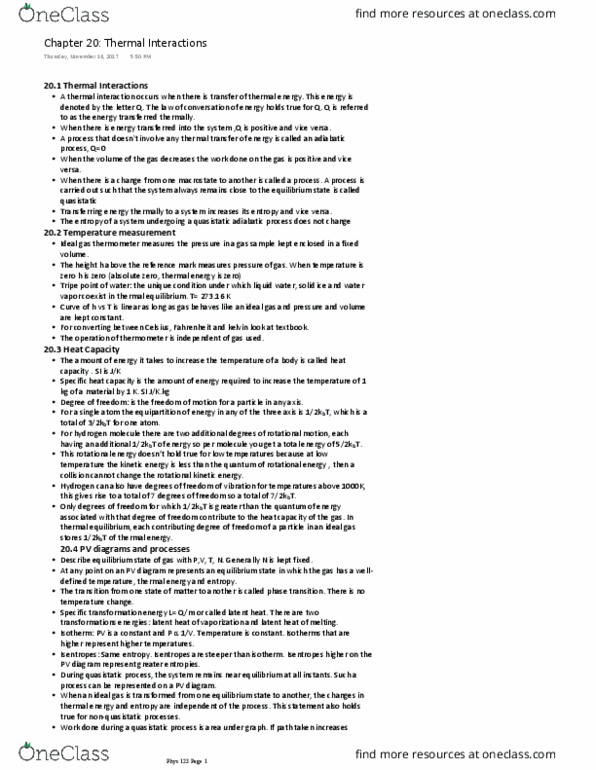 PHYS 123 Chapter Notes - Chapter 20: Quasistatic Process, Rotational Energy, Heat Capacity thumbnail